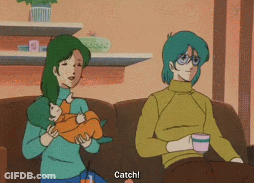 A Cartoon Of A Woman Holding A Baby And A Man Sitting On A Couch That Says Catch GIF
