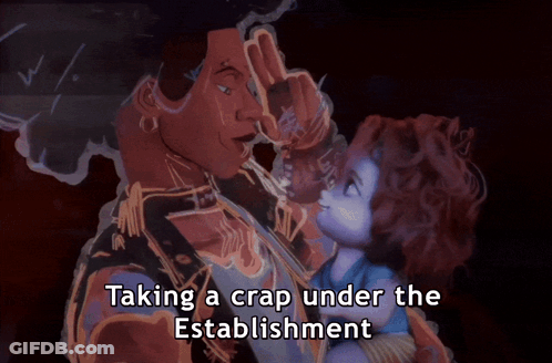 A Cartoon Of A Woman Holding A Baby With The Words Taking A Crap Under The Establishment GIF