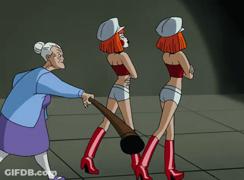 A Cartoon Of A Woman Holding A Bat Standing Next To Two Other Women GIF