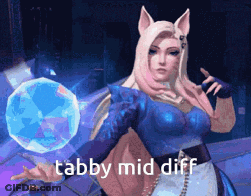 A Cartoon Of A Woman Holding A Blue Ball And The Words Tabby Mid Diff GIF