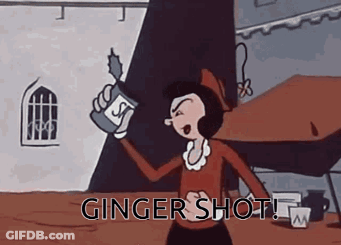A Cartoon Of A Woman Holding A Bottle Of Ginger Shot GIF