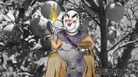 A Cartoon Of A Woman Holding A Bowl Of Food With The Hashtag @Zombiepaella On The Bottom GIF