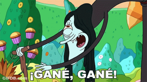 A Cartoon Of A Woman Holding A Cane With The Words Gane Gane Written Below Her GIF