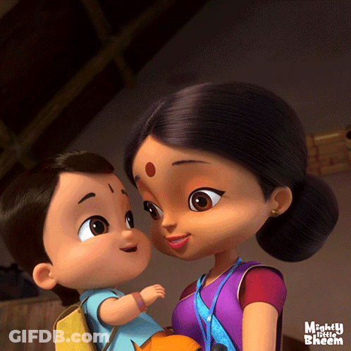 A Cartoon Of A Woman Holding A Child With Mighty Little Bheem Written On The Bottom Right GIF