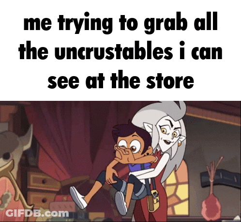 A Cartoon Of A Woman Holding A Child With The Words Me Trying To Grab All The Uncrustables GIF