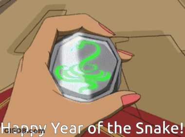 A Cartoon Of A Woman Holding A Coin With A Snake On It And The Words Happy Year Of The Snake GIF