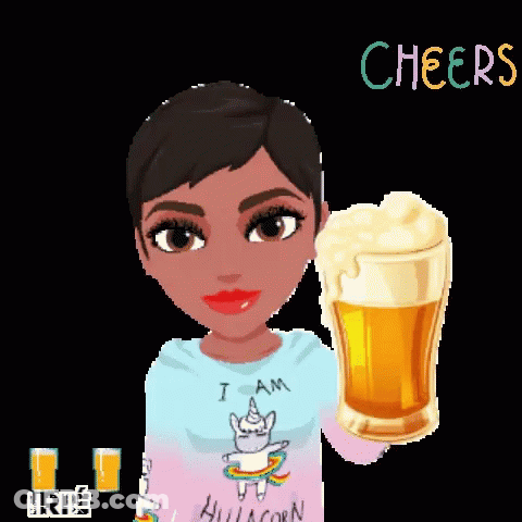 A Cartoon Of A Woman Holding A Glass Of Beer With The Words Cheers Written On The Bottom GIF