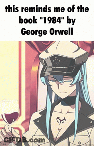 A Cartoon Of A Woman Holding A Glass Of Wine With The Caption " This Reminds Me Of The Book 1984 " By George Orwell GIF