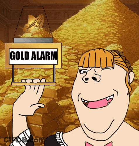 A Cartoon Of A Woman Holding A Gold Alarm GIF