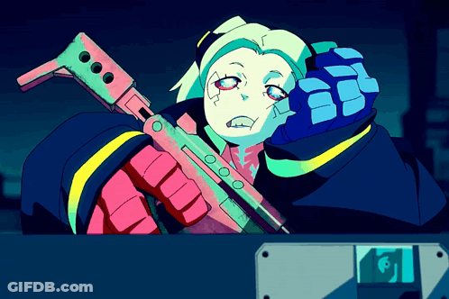 A Cartoon Of A Woman Holding A Gun With A Skull On The Bottom Right GIF