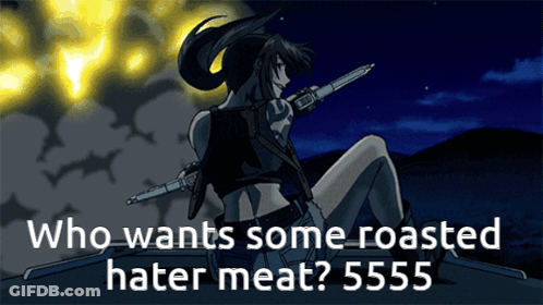 A Cartoon Of A Woman Holding A Gun With The Caption Who Wants Some Roasted Hater Meat GIF