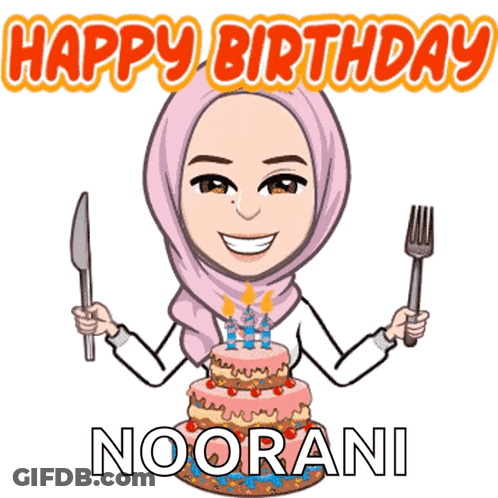 A Cartoon Of A Woman Holding A Knife And Fork In Front Of A Birthday Cake That Says Happy Birthday Noorani GIF
