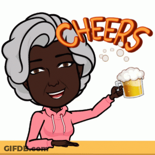 A Cartoon Of A Woman Holding A Mug Of Beer With The Words Cheers Above Her GIF