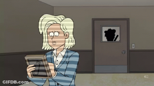 A Cartoon Of A Woman Holding A Picture With Cn On The Bottom Left GIF