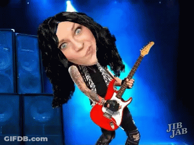 A Cartoon Of A Woman Holding A Red Guitar With Jib Jab In The Corner GIF