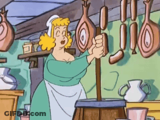 A Cartoon Of A Woman Holding A Sausage In A Kitchen GIF