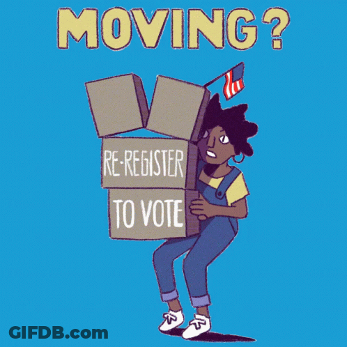 A Cartoon Of A Woman Holding A Sign That Says Re-Register To Vote GIF