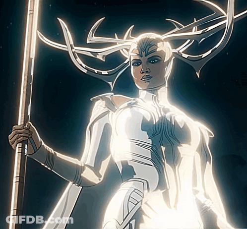 A Cartoon Of A Woman Holding A Spear With Horns On Her Head GIF