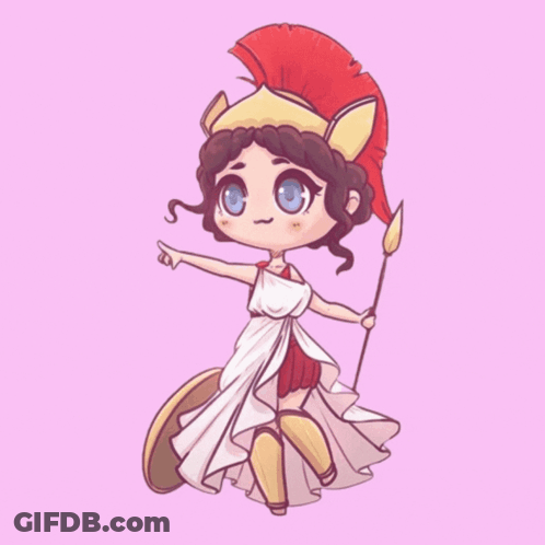 A Cartoon Of A Woman Holding A Spear With The Words Welcome To The Athens Below Her GIF
