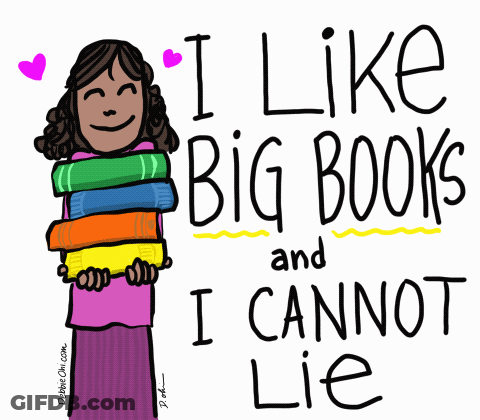 A Cartoon Of A Woman Holding A Stack Of Books With The Words I Like Big Books And I Cannot Lie GIF