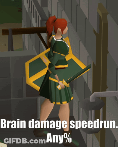 A Cartoon Of A Woman Holding A Sword And Shield With The Words Brain Damage Speedrun Any % On The Bottom GIF