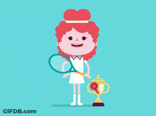 A Cartoon Of A Woman Holding A Tennis Racket And A Trophy GIF