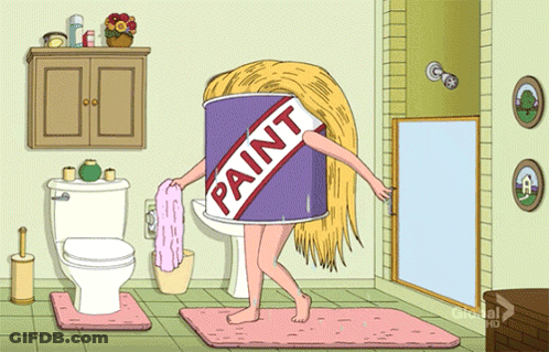 A Cartoon Of A Woman Holding A Towel And A Can Of Paint On Her Head GIF