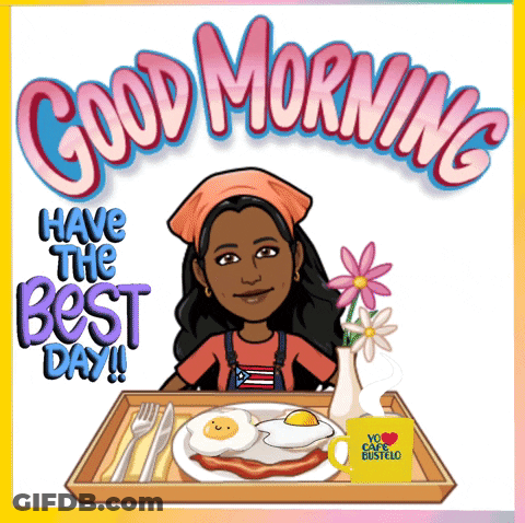 A Cartoon Of A Woman Holding A Tray Of Food With The Words Good Morning Have The Best Day Below Her GIF