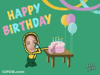 A Cartoon Of A Woman Hugging A Birthday Cake With The Words Happy Birthday Above Her GIF