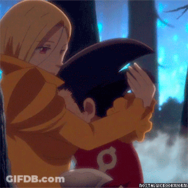 A Cartoon Of A Woman Hugging A Child With The Number 8 On His Shirt GIF