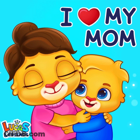 A Cartoon Of A Woman Hugging A Child With The Words " I Love My Mom " Behind Them GIF