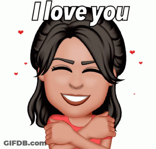 A Cartoon Of A Woman Hugging Herself With The Words I Love You Behind Her GIF