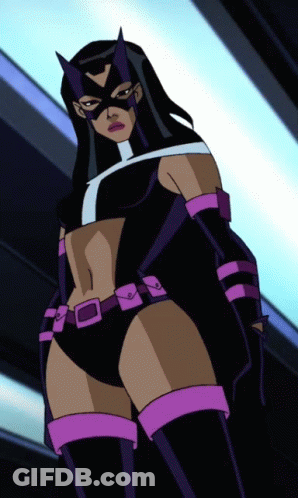 A Cartoon Of A Woman In A Black And Purple Superhero Costume GIF