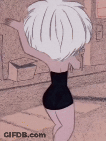 A Cartoon Of A Woman In A Black Dress With White Hair GIF