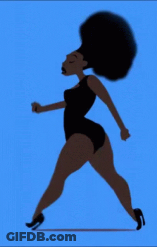 A Cartoon Of A Woman In A Black Swimsuit Walking On A Blue Background GIF
