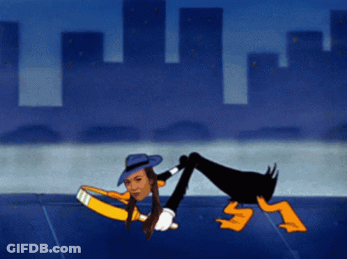 A Cartoon Of A Woman In A Blue Hat Standing Next To A Duck GIF