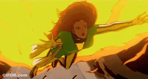 A Cartoon Of A Woman In A Green And Gold Superhero Costume Flying Through The Air . GIF