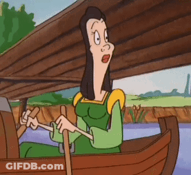 A Cartoon Of A Woman In A Green Dress Rowing A Boat GIF