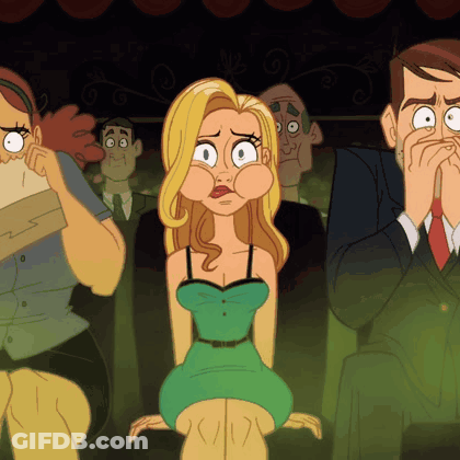 A Cartoon Of A Woman In A Green Dress Sitting In A Theater GIF
