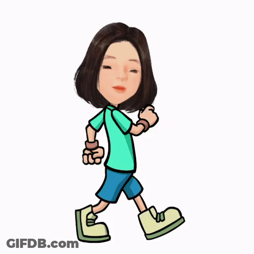 A Cartoon Of A Woman In A Green Shirt And Blue Shorts Walking . GIF