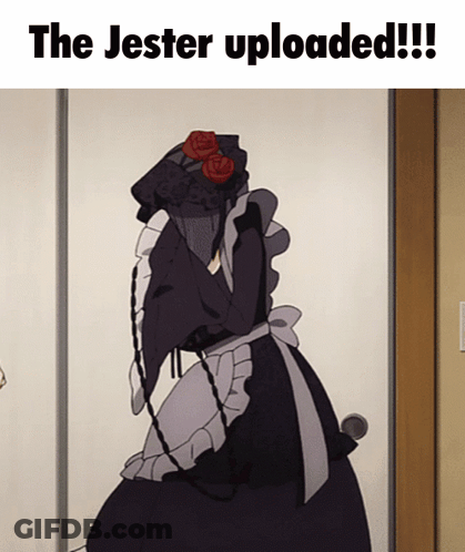 A Cartoon Of A Woman In A Maid Outfit With The Words " The Jester Uploaded " Below Her GIF