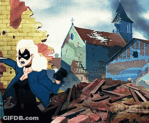A Cartoon Of A Woman In A Mask Standing In Front Of A Destroyed Building GIF