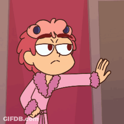 A Cartoon Of A Woman In A Pink Robe Waving Her Hand GIF