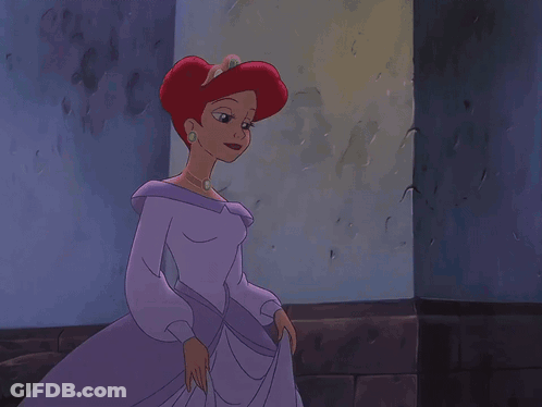 A Cartoon Of A Woman In A Purple Dress Sitting In The Water GIF