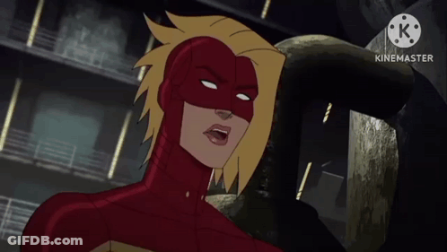 A Cartoon Of A Woman In A Red And Yellow Superhero Costume With The Words Kinemaster Below Her GIF