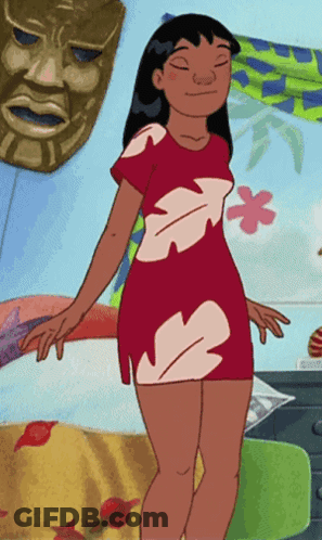 A Cartoon Of A Woman In A Red Dress With A Flower On The Front GIF