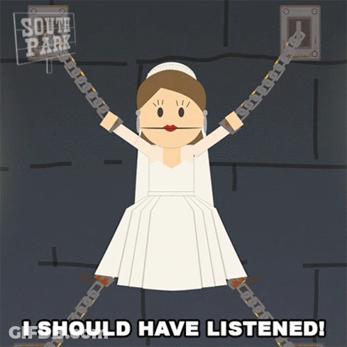 A Cartoon Of A Woman In A Wedding Dress Chained To A Wall With The Words " I Should Have Listened " Below Her GIF