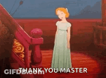 A Cartoon Of A Woman In A White Dress Standing Next To A Red Railing And Saying `` Thank You Master '' . GIF