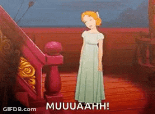 A Cartoon Of A Woman In A White Dress Standing Next To Stairs With The Words Muuuaah ! GIF