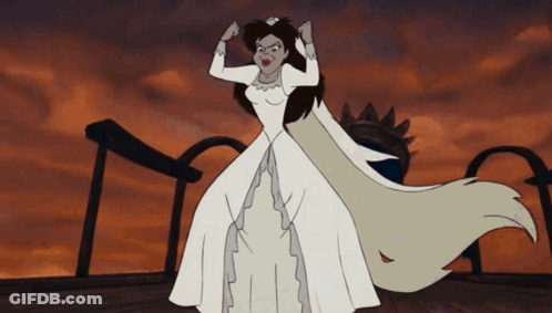 A Cartoon Of A Woman In A White Dress Standing On A Bridge GIF